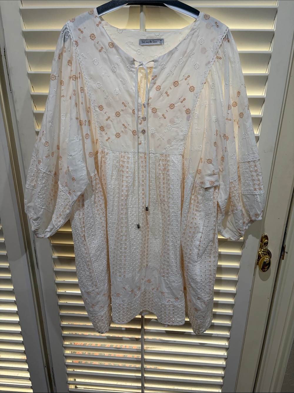 See And Be Seen Dress With Eyelet And Embroidered Tan and white.Medium
